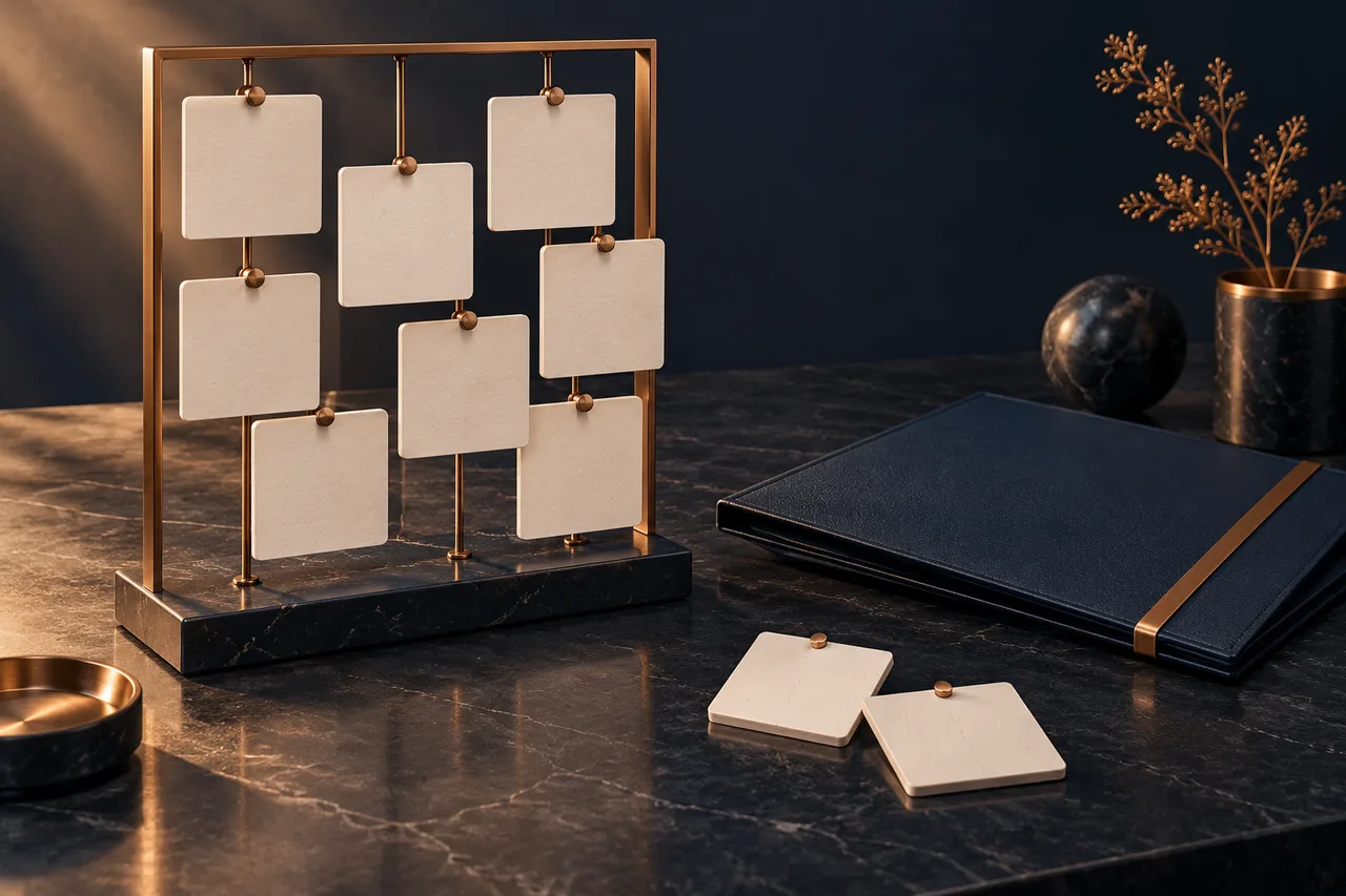 Blank removable calendar tiles beside a closed research folder; original release-research illustration.