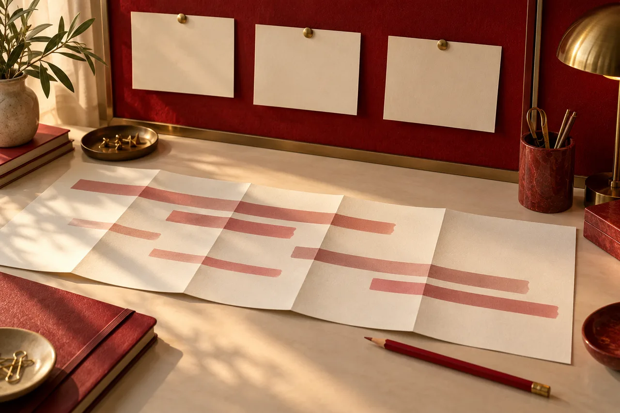 Original editorial illustration of a roadmap desk with unprinted date cards and red month-window bands